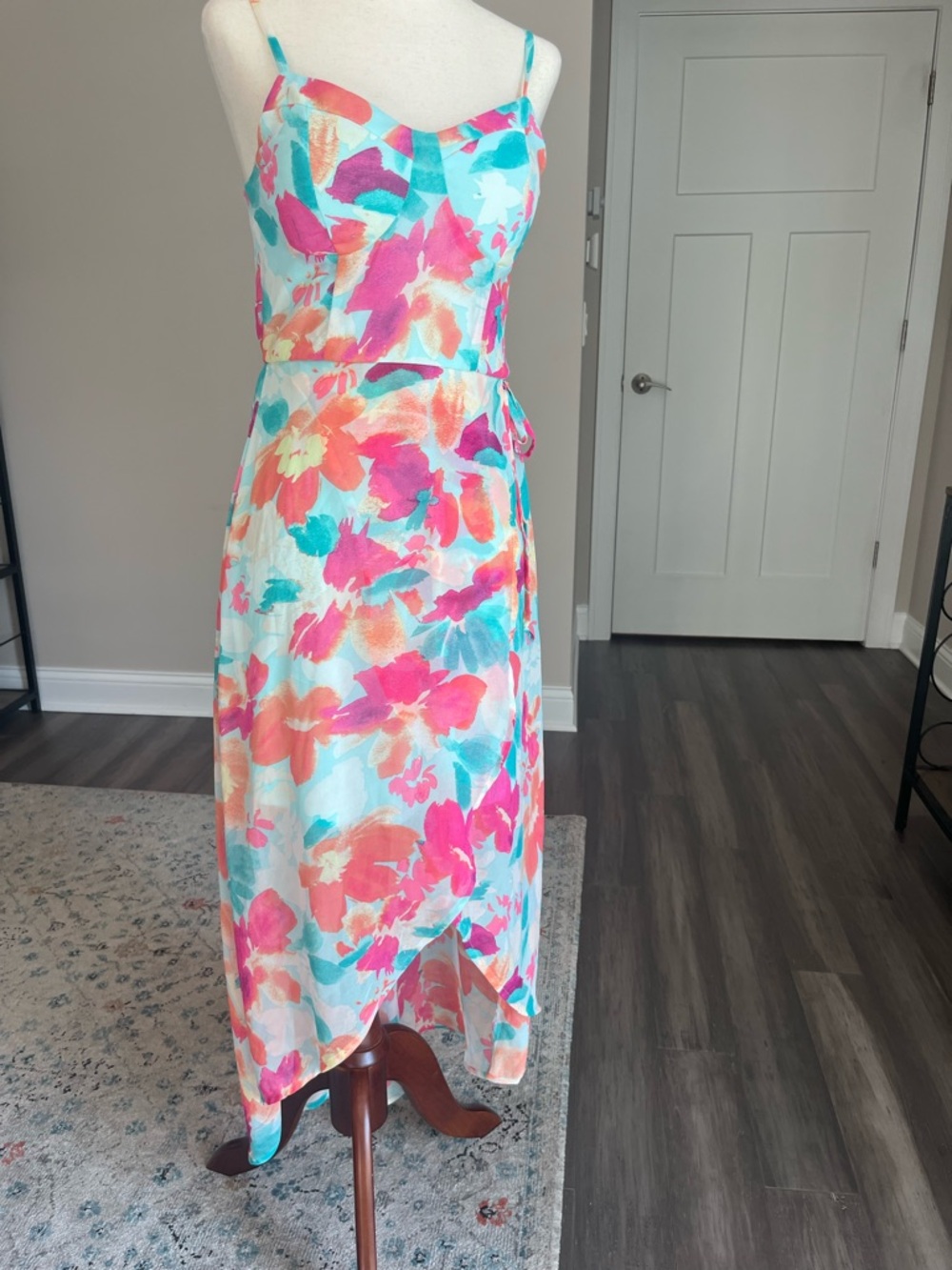 Fairy Floral Tie-Waist Midi Dress in Aqua and Pink